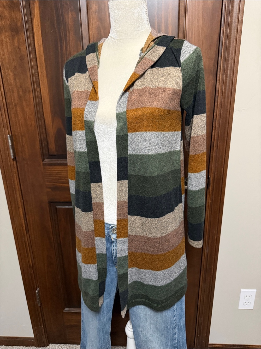 Truself- Striped Hooded Open-Front Cardigan